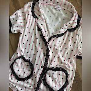 Rampage Pink & Black Striped Heart-Print Lace-Trim Pajama Top